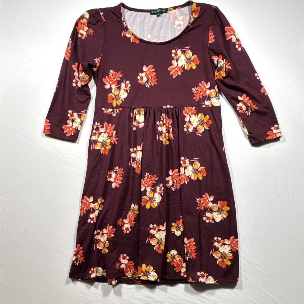 Betsy Red Couture Burgundy Floral A-Line Round Neck 3/4 Sleeve Dress Style 4900
